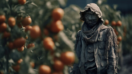 Fototapeta na wymiar A scarecrow mounted to guard tomato plantation. Scarecrow stands on plantation in autumn against cloudy sky. Crop protection concept. Realistic 3D illustration. Generative AI