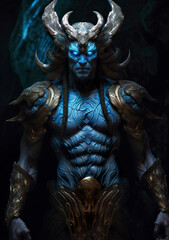 The god nemesis with blue eyes standing in front, dark bronze and light azure, AI Generative - obrazy, fototapety, plakaty