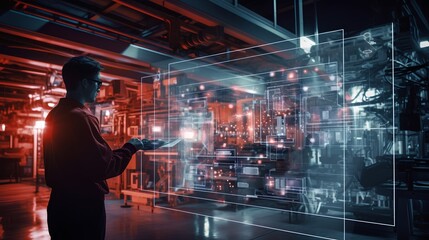 Showcasing predictive maintenance in factories, a factory worker views a holographic projection of a machine internals. Innovative solution for proactive issue detection and resolution. Generative AI