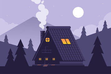 Mountain lodge by night., Summer adventure scene with wooden cabin in woods. Lonely house in forest landscape in flat design vector illustration