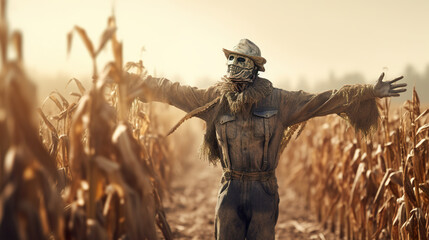 A scarecrow with open arms guarding a cornfield. Scarecrow stands on the autumn field against the evening sky. Plantation protection concept. Realistic 3D illustration. Generative AI