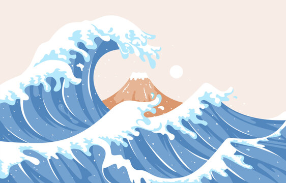 Kanagawa big waves beautiful horizontal background with sunset view with flat design style, Illustration of the sea, Wave and mountain