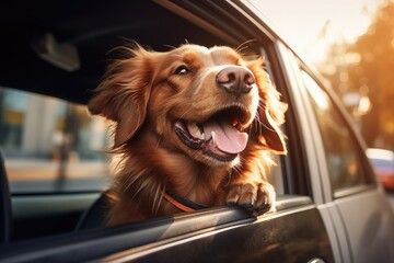 Cute dog looking out of car window , AI Generated
