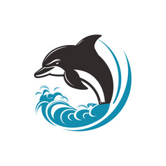 Dolphin jumping above waves logo mascot vector illustration