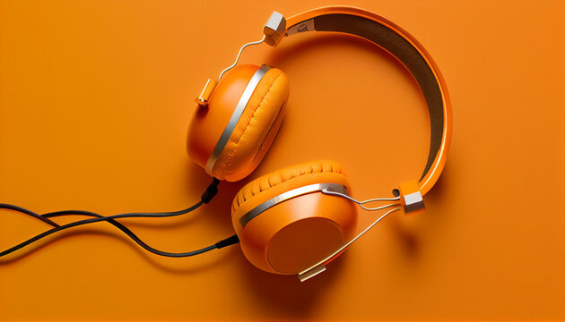 Retro old-fashioned headphones on vibrant orange background. Flat lay top down view Ai generated image
