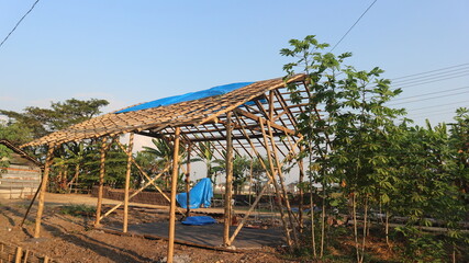 unfinished house frame, ancient wooden house foundation