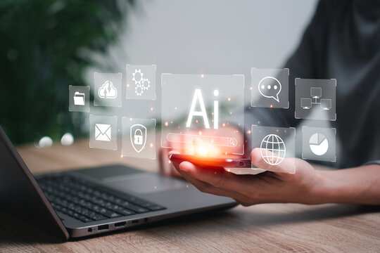 Ai of artificial intelligence use analytics in business work concept, Business women hold smartphone and use AI technology development work efficiency analyze data for future
