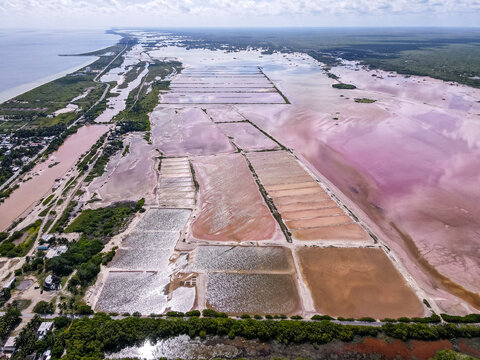 Aerial view of a wetland with salt lakes in Ojo de Agua Manglar San Crisanto, a natural reserve in Sinanch&eacute; Municipality, Yucatan, Mexico.
