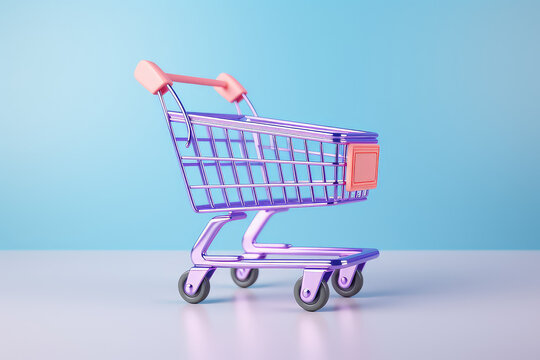 Small toy shopping cart on wheels isolated on flat background with copy space, banner template. Light pastel blue purple colors. Generative AI 3d render illustration imitation.
