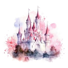 Watercolor Fairy tale Castle on white background Generative AI