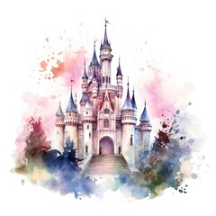 Watercolor Fairy tale Castle on white background Generative AI