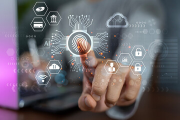 Businessman scanning fingerprint and biometric authentication, cyber security and fingerprint...