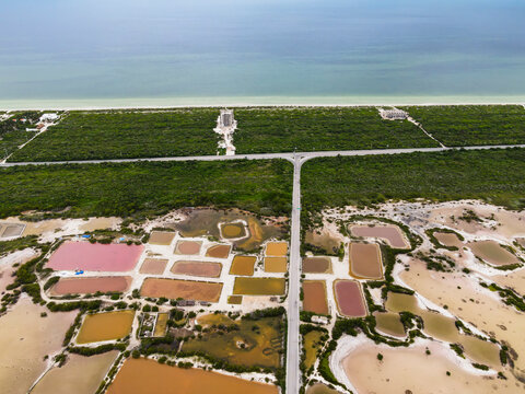 Aerial view of Laguna Rosada, the pink salt lakes in Dzemul Municipality, Yucatan, Mexico.