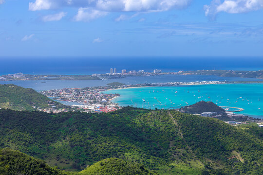 Caribbean cruise vacation, panoramic skyline of Saint Martin island from Pic Paradis lookout.