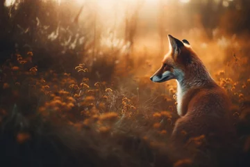 Fototapeten Red fox in dreamy autumn field in high grass. © erika8213