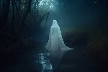 A dark ghostly figure moving through the swamp in the dark. Spooky concept. Generative ai.