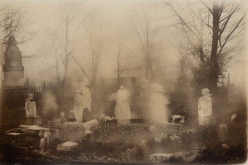 Creepy vintage photo of cemetery with ghosts. Halloween concept.