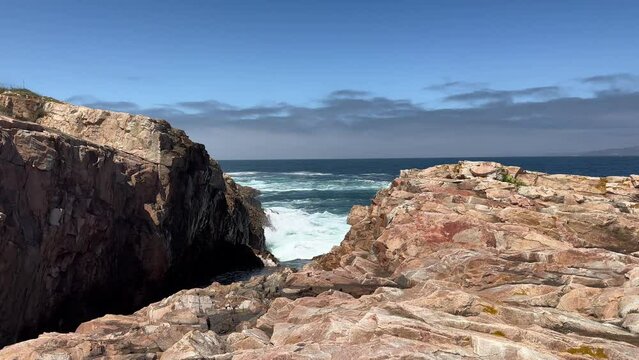 Atlantic ocean view, Relaxing, meditation background. Crashing waves by cliffs. Slow motion