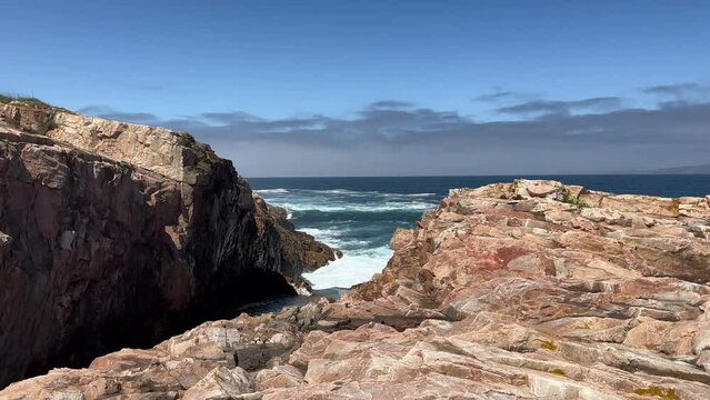 Atlantic ocean view, Relaxing, meditation background. Crashing waves by cliffs. Slow motion