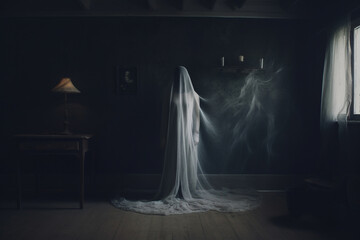 Creepy ghost woman in dark haunted house. Generative ai