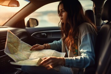 Fototapeta na wymiar Woman traveling alone sitting in car with map, AI Generated