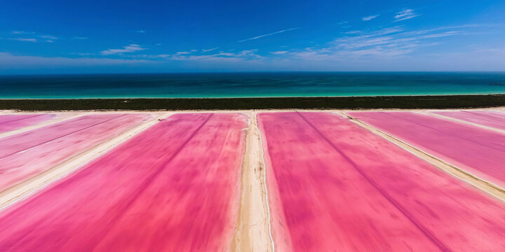Aerial view of pink salt lakes along the coast at Ria Largatos Natural Park, R&iacute;o Lagartos, Yucatan, Mexico.