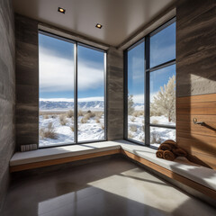 Interior of a bedroom in a desert with a view of the mountains.Generative AI