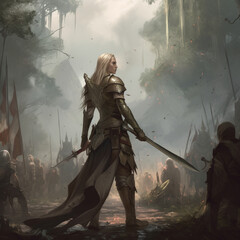 Portrait of a beautiful girl knight in armor on the nature.Generative AI
