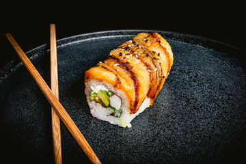 sushi roll photography, japanese banana sushi, asian cuisine, delicious japanese sushi