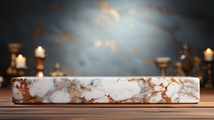 Naklejka na ściany i meble a front view of a Luxurious White and Gold Empty Marble Table for Product Placement on a Dark Background, serving as a blank marble table mockup, Ai generative 