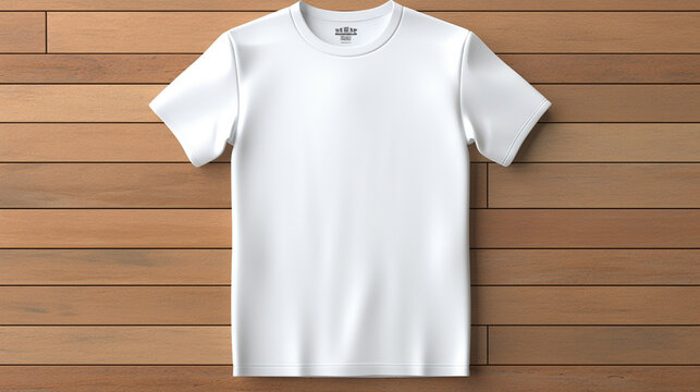 Simple white male t shirt mockup with wooden background