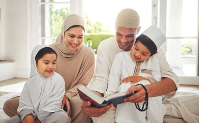 Happy family, Muslim parents or children reading book for learning, Islamic knowledge or studying...