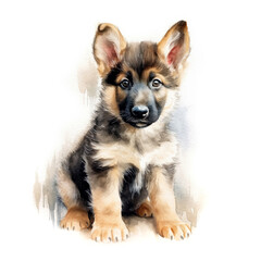 German shepherd puppy. Stylized watercolour digital illustration of a cute dog with big eyes.