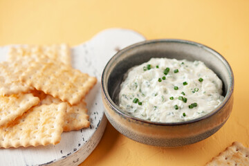Benedictine spread. Cream cheese with cucumber and spring onions. United States cuisine. Copy space