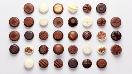 Fototapeta premium top view of various chocolate pralines isolated on white background