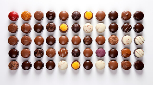 top view of various chocolate pralines isolated on white background