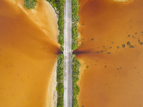 Aerial view of a road crossing the Laguna Rosada, a wetland in Dzemul Municipality, Yucatan, Mexico.