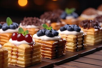 Assorted different mini cakes with cream, chocolate and berries - obrazy, fototapety, plakaty