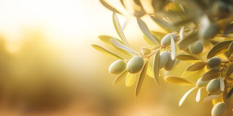 Olive tree branch on nature background with golden sun shining. Generative AI. 