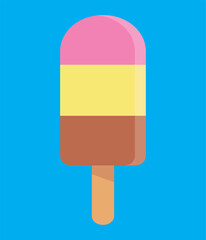 Color ice cream on blue background, flat vector illustration. Yummy ice Lolly, summer time concept. Colorful Icecream icon, dessert illustration, vector sweet summer sign symbol.