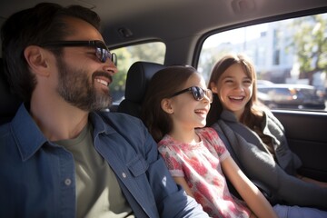 Happy family of father and children enjoying road trip together, AI Generative