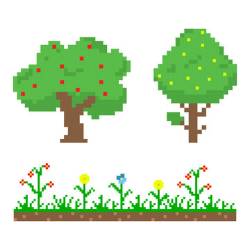 Garden pixel art, trees, grass and flowers of 8 bit