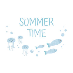 Cute baby lettering with fish and jellyfish. Summer time phrase with marine design. Vector cartoon illustration for nursery fabric, decor, clothes, and t-shirts in pastel colors.