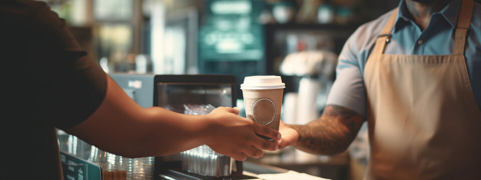  Barista reaching out and handing you cup of coffee. Coffee to go or coffee break. Generative Ai content - Powered by Adobe