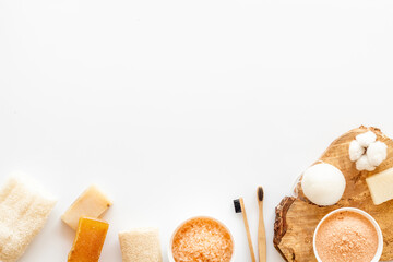 Organic cosmetic set with bamboo toothbrushes and massage sponge