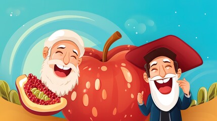 Rosh Hashanah Jewish holiday banner design with honey jar, apple and pomegranate funny cartoon characters holding shofar , Jewish horn. AI generated.  