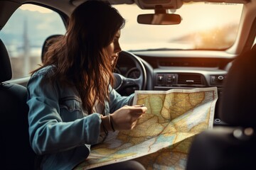 Naklejka premium Woman traveling alone sitting in car with map, AI Generated