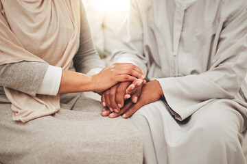 Muslim couple, hands together for support and empathy with care and love, solidarity and trust in relationship. Help, comfort and bonding with commitment in Islam, people in marriage with respect