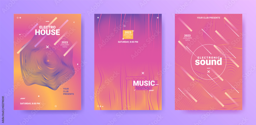 Wall mural electronic music flyers set. techno dance poster. gradient wave