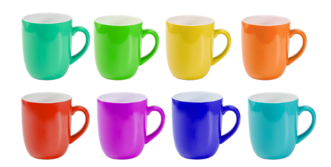 Mockup set of clean colorful coffee mugs with handle isolated on white background. close up front view of coffee mug, blank space no logo in color of rainbow isolated on white background.